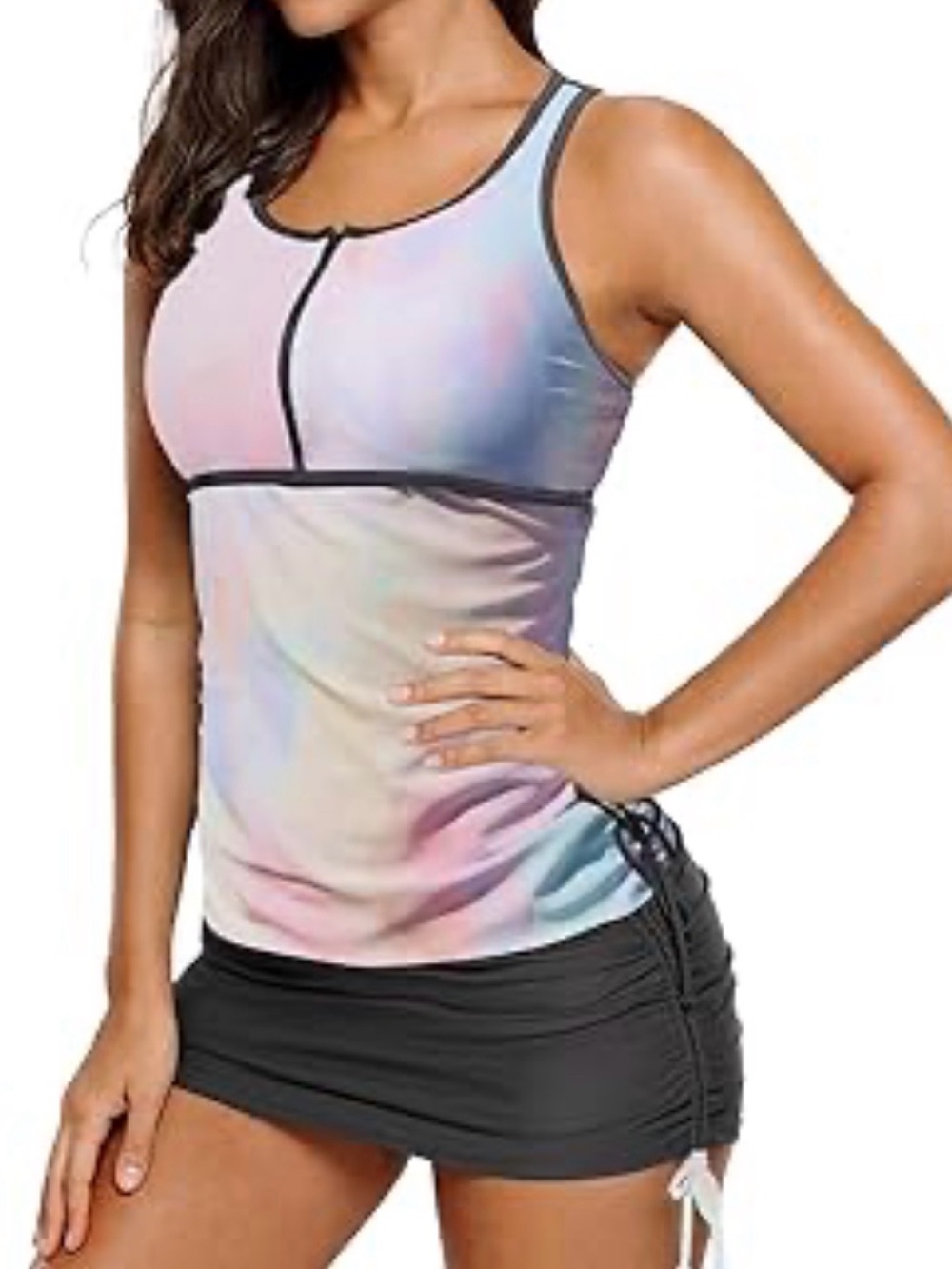 Women’s Pastel Tie-Dye Tankini Swim Top with Black Trim- plus size